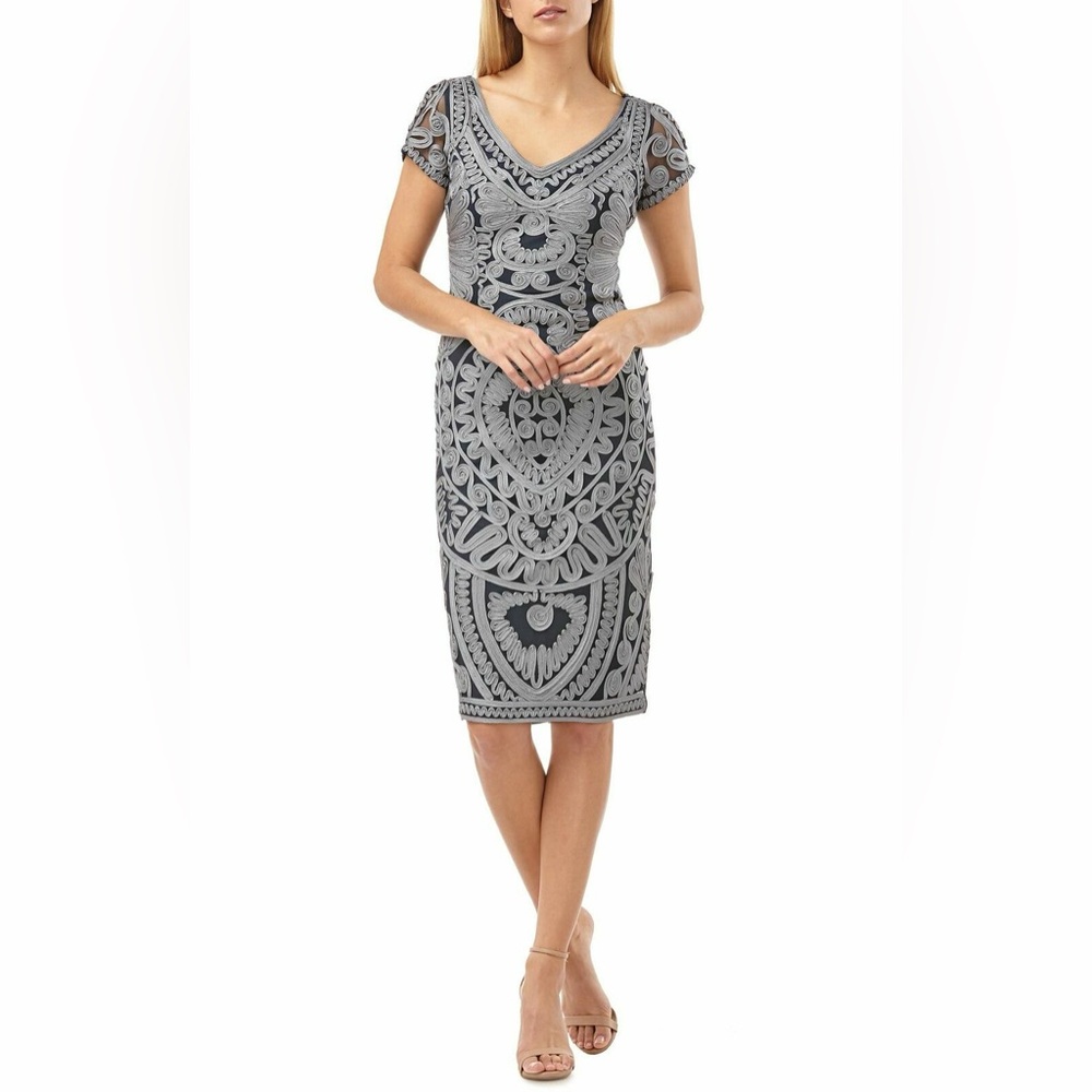 JS Collections Embroidered Mesh Short Sleeve Cocktail Dress Blue Gray 6